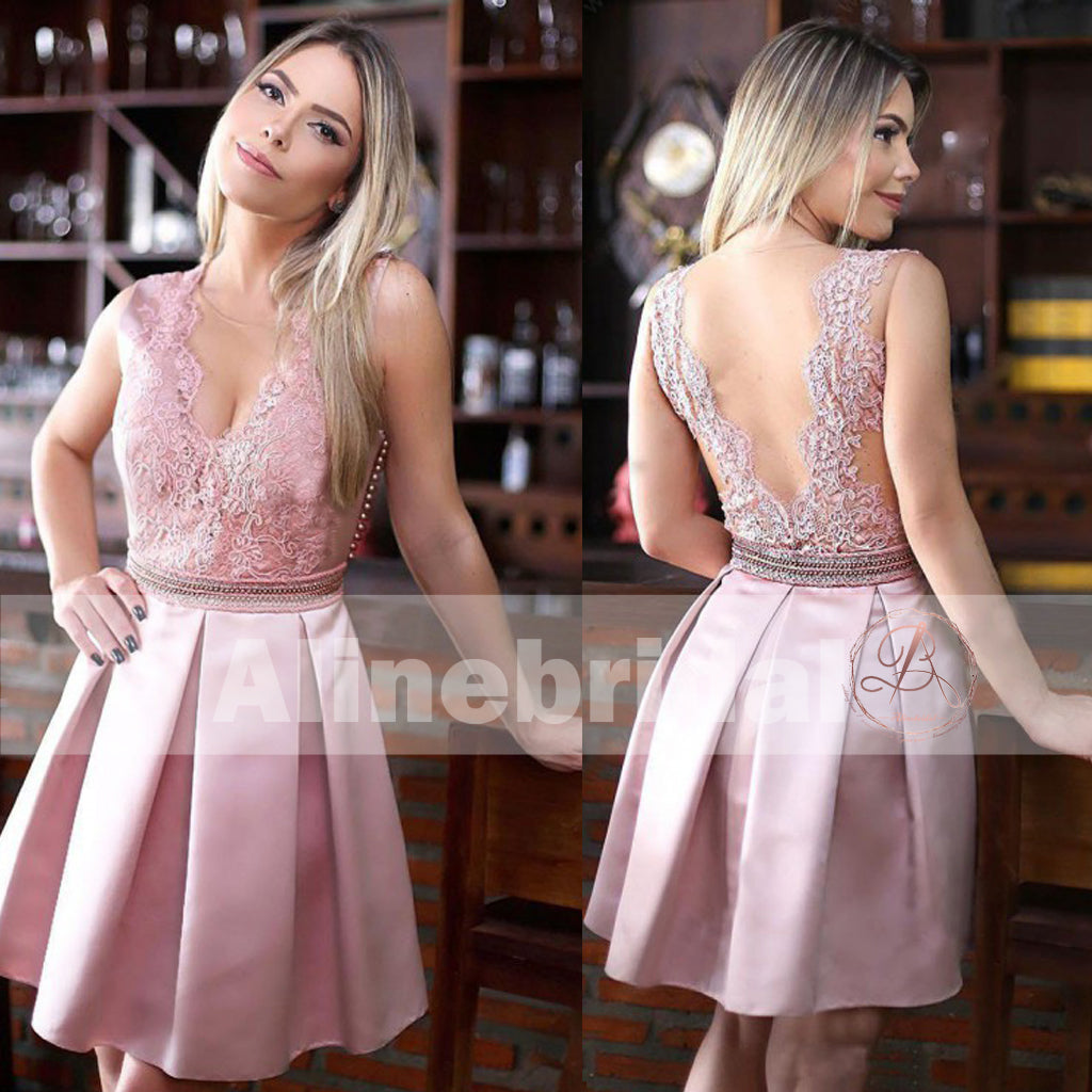 Dusty Rose Lace Satin With Beaded V-neck Homecoming Dresses,BD00230
