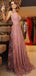 Dusty Rose Lace Sexy Backless Spaghetti Strap A-line Party Prom Dresses, PD00150