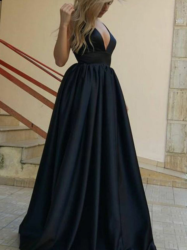 Formal Black Satin V-neck Sleeveless A-line Lace Up Back Charming  Prom Dresses,PD00079