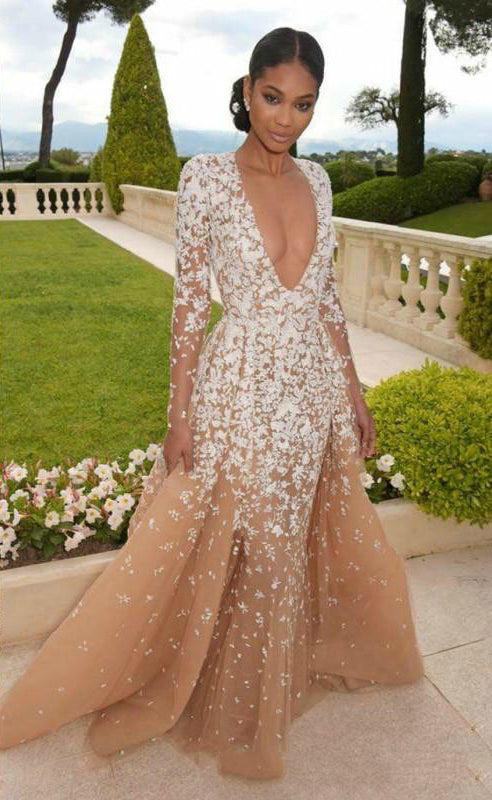 Gorgeous Nude Tulle Applique Long Sleeve Formal Prom Dresses,PD00143