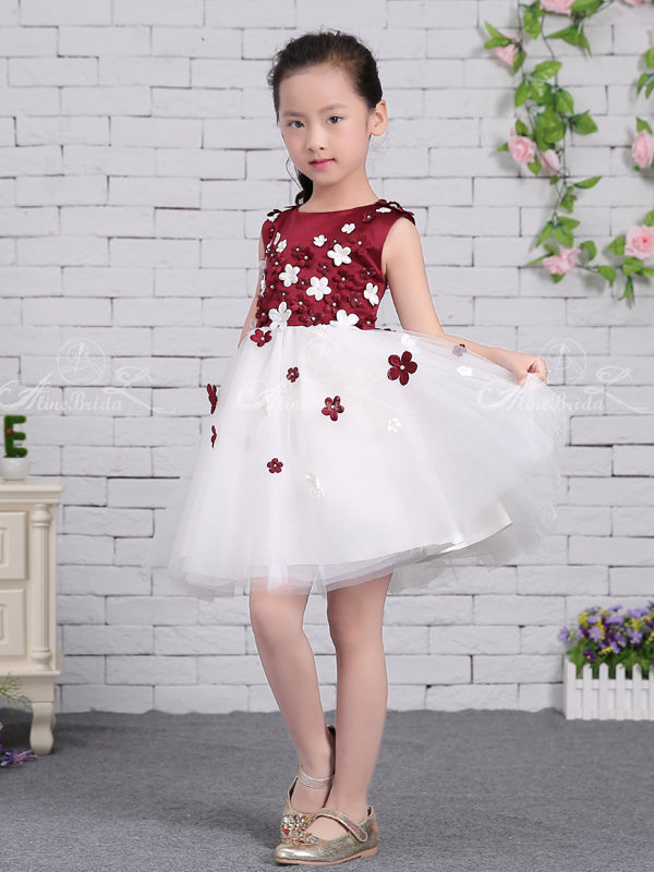 Grape Satin White Tulle Floral Applique Sweet Flower Girl Dresses, FGS133