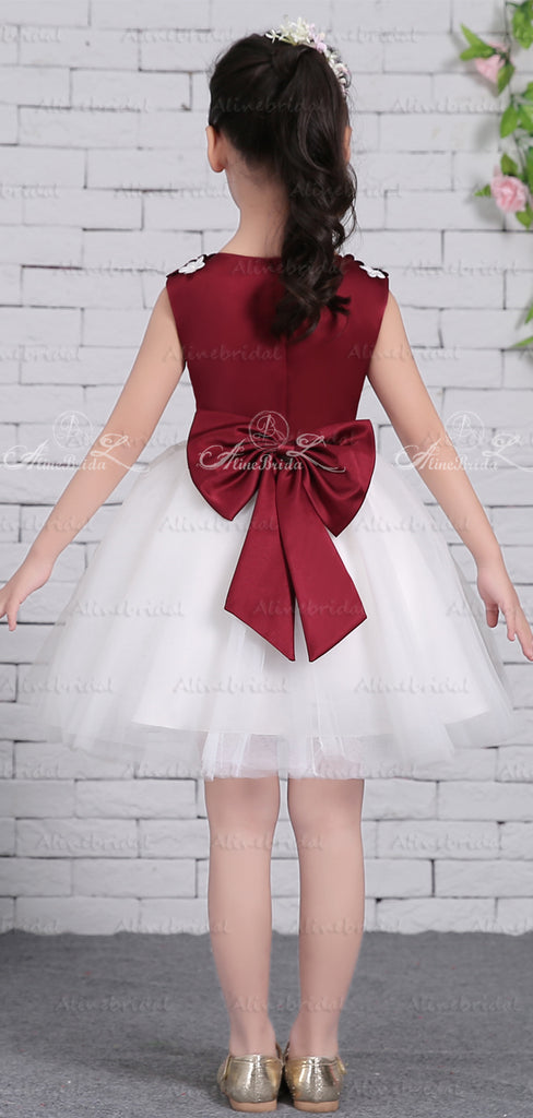 Grape Satin White Tulle Floral Applique Sweet Flower Girl Dresses, FGS133