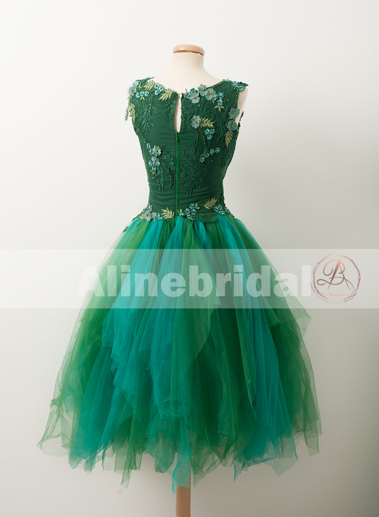 Hunter Green Lace Appliques Handmade Flowers Unique Homecoming Dresses,BD00231