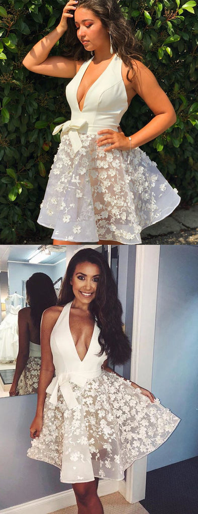 Ivory Lace Applique Illusion Halter Sexy Homecoming Dresses,HD0030