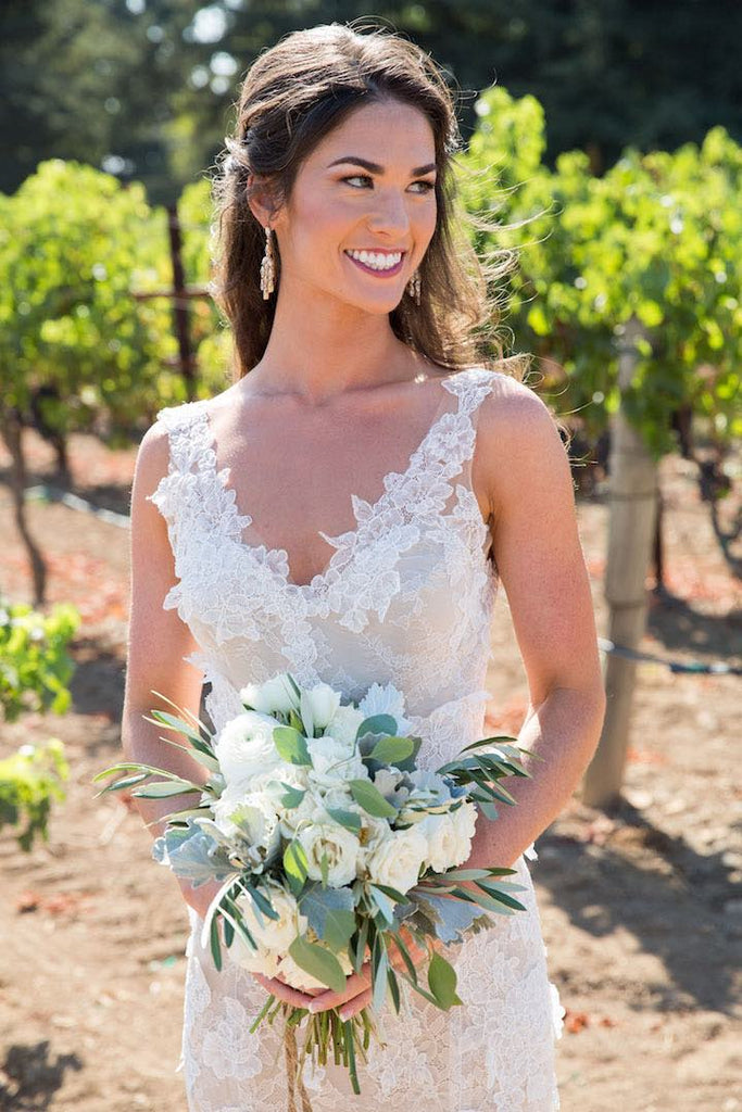 Ivory Lace Appliques Nude Sleeveless Backless Mermaid Wedding Dresses, AB1171