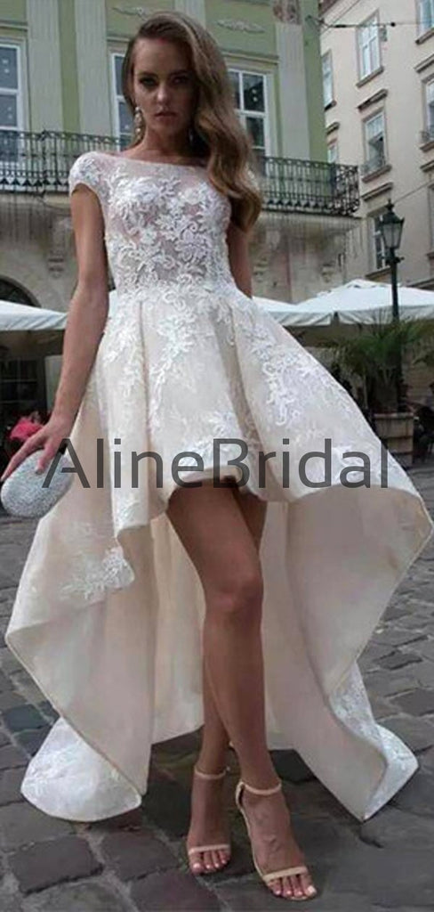 Ivory Lace Short Sleeve See Through Top High Low Fashion Wedding Dresses , AB1536