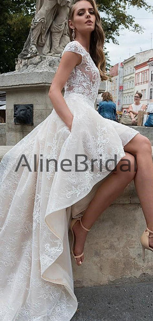 Ivory Lace Short Sleeve See Through Top High Low Fashion Wedding Dresses , AB1536