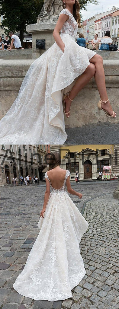 Ivory Lace Short Sleeve See Through Top High Low Fashion Wedding Dresses , AB1536