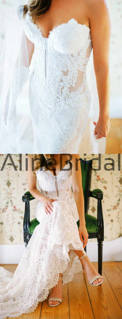 Ivory Lace Sweetheart Strapless Lace Up Back Mermaid Wedding Dresses , AB1526