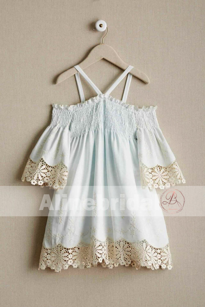 Light Tiffany Blue Unique Fashion Off Shoulder Half Sleeve Flower Girl Dresses, FGS067