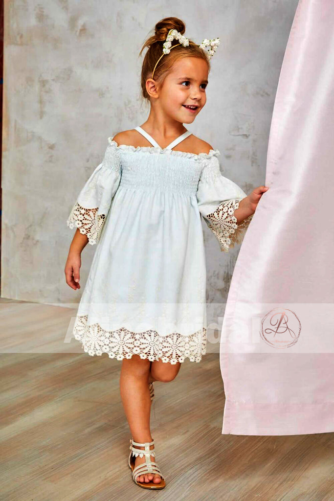 Light Tiffany Blue Unique Fashion Off Shoulder Half Sleeve Flower Girl Dresses, FGS067