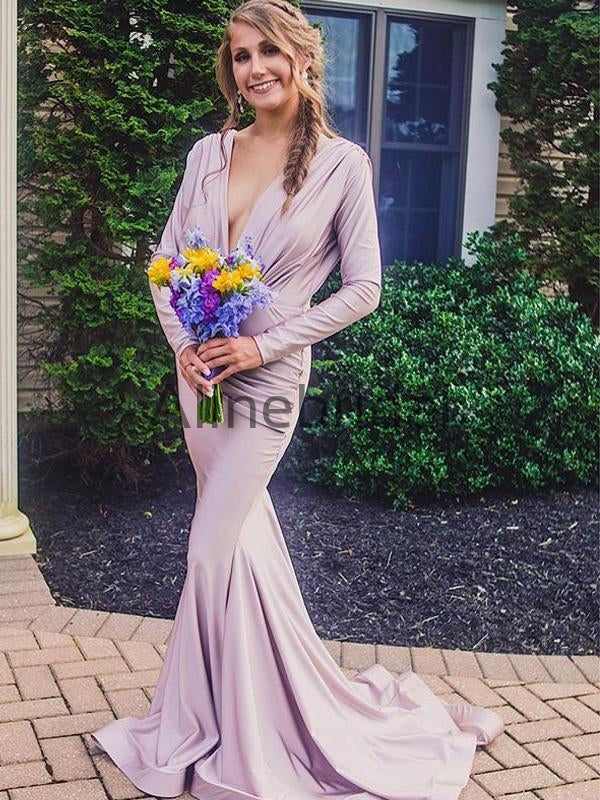 Lilac Long Sleeve V-neck Mermaid Bridesmaid Dresses, AB4056