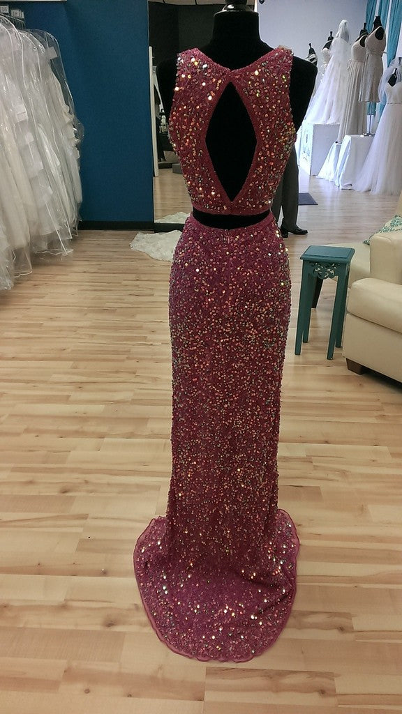Long Custom Two Pieces Sparkle Side Slit Open Back Cocktail Evening Party Prom Dresses Online,PD0180