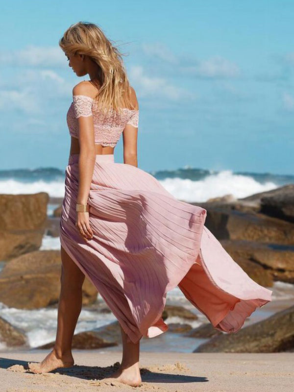 Long Two Pieces Off Shoulder Side Slit Sexy A-line Pink Prom Dress,PD0050