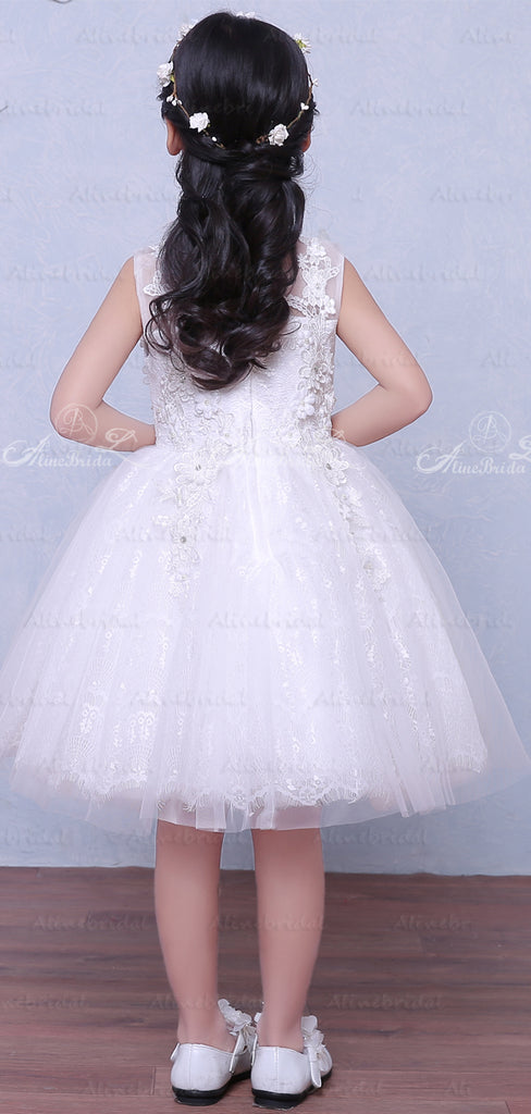 Lovely Lace White Tulle Handmade Applique Sleeveless Flower Girl Dresses, FGS026