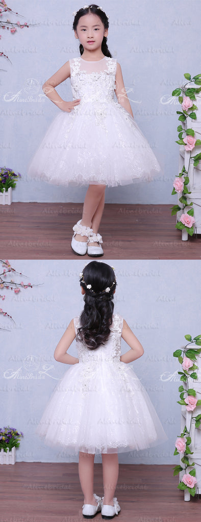 Lovely Lace White Tulle Handmade Applique Sleeveless Flower Girl Dresses, FGS026