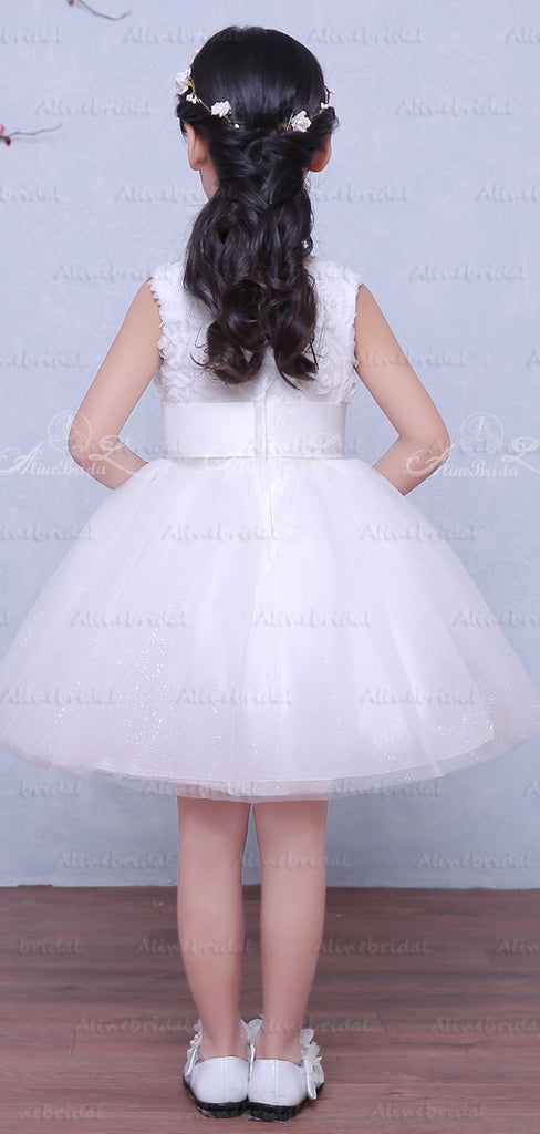 Lovely White Tulle Rose Floral With Bow Knot Flower Girl Dresses , FGS120