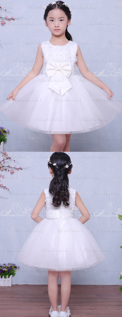 Lovely White Tulle Rose Floral With Bow Knot Flower Girl Dresses , FGS120