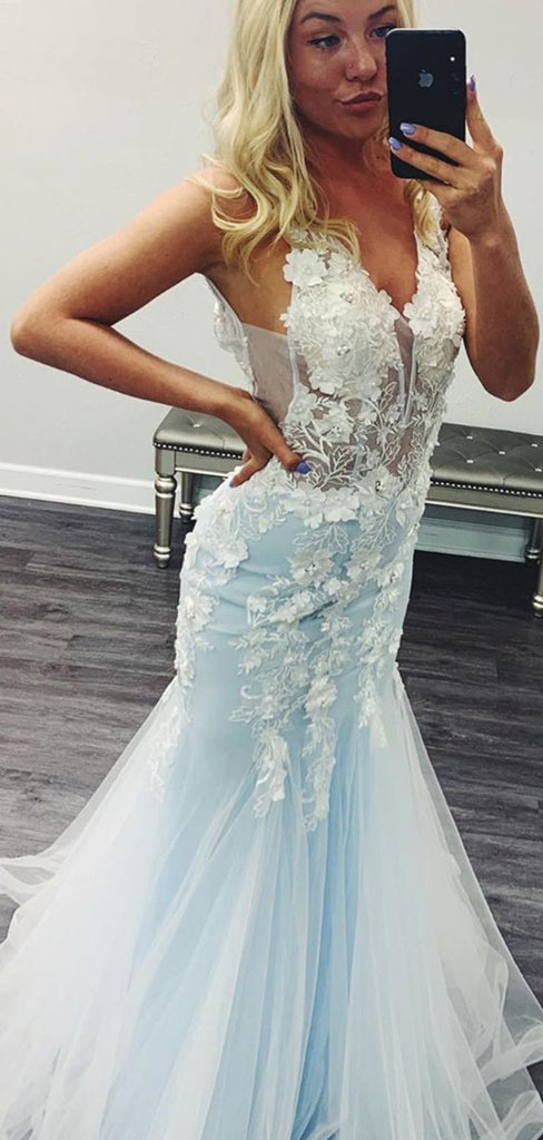 Ethereal Floral Blue Mermaid Long Tulle Prom Dresses, PD1051