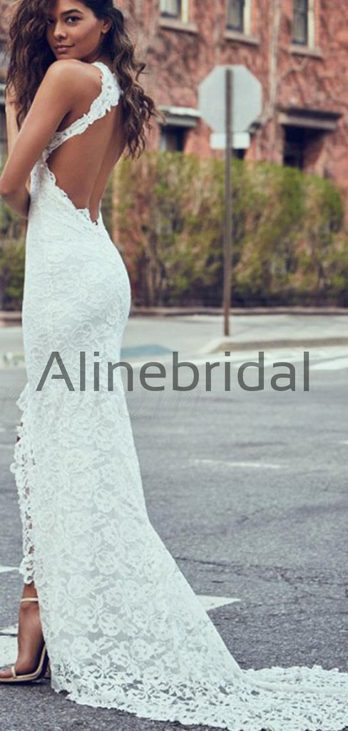 Romantic Ivory Full Lace Backless Mermaid Long Wedding Dresses, WD0578