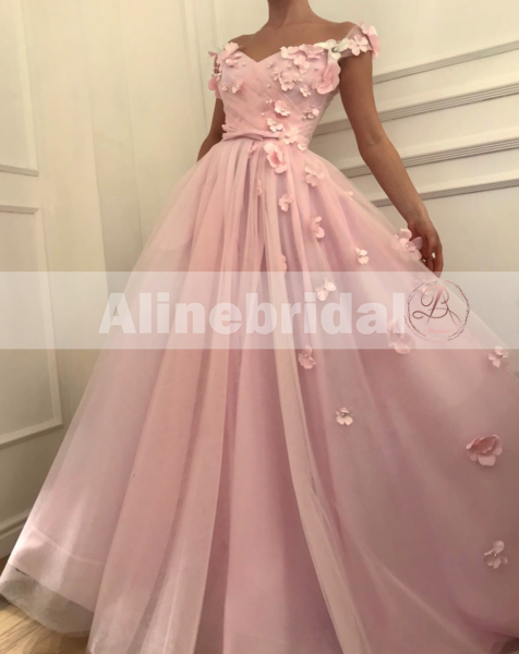 Off Shoulder Handmade Flower With Beads Pink Tulle Sweet Prom Dresses ,PD00100