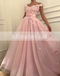 Off Shoulder Handmade Flower With Beads Pink Tulle Sweet Prom Dresses ,PD00100