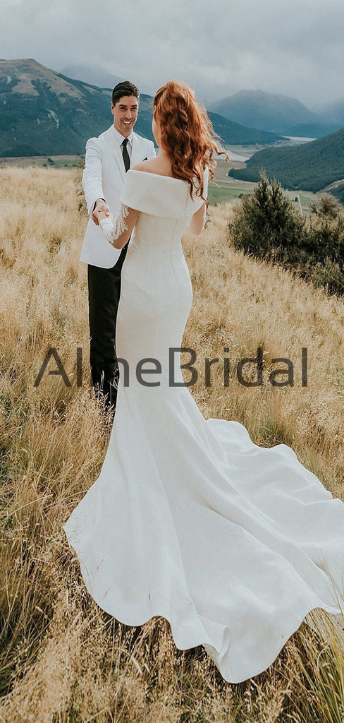 Off Shoulder Illusion Long Sleeve Beading Lace Satin Mermaid Wedding Dresses, AB1571