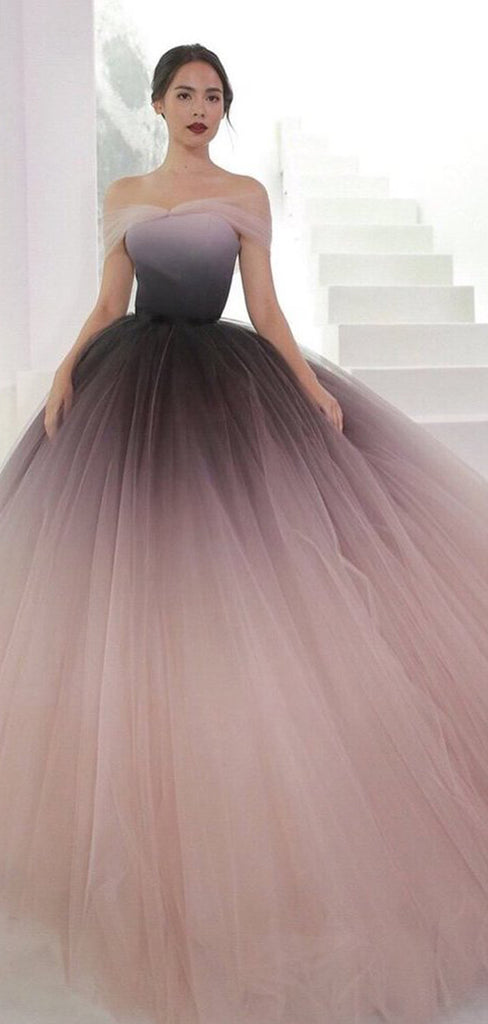 Off Shoulder Ombre Purple Pink Tulle Ball Gown Prom Dresses,PD00316