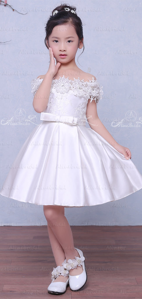 Off Shoulder Wite Satin Handmade Flower Applique Flower Girl Dresses, FGS031