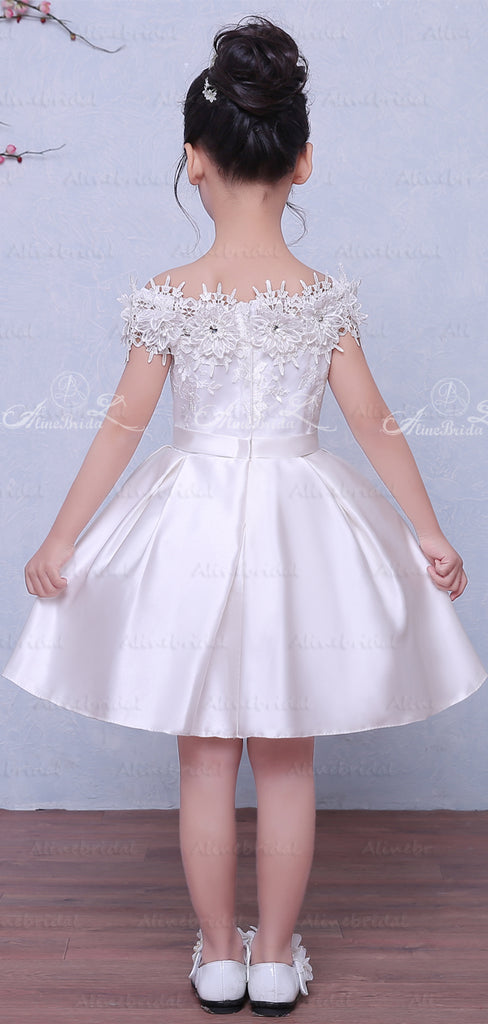 Off Shoulder Wite Satin Handmade Flower Applique Flower Girl Dresses, FGS031