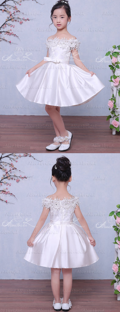 Off Shoulder Wite Satin Handmade Flower Applique Flower Girl Dresses, FGS031