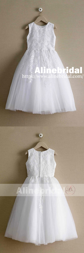 Off White Lace Tulle Classic Round Neck Flower Girl Dresses, FGS061