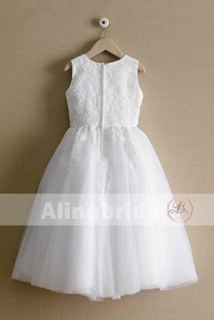 Off White Lace Tulle Classic Round Neck Flower Girl Dresses, FGS061