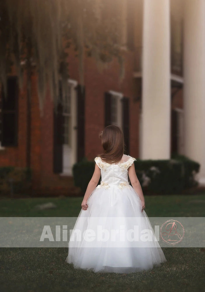 Off White Tulle Ivory Applique With Beads Cap Sleeve Long Flower Girl Dresses, FGS089