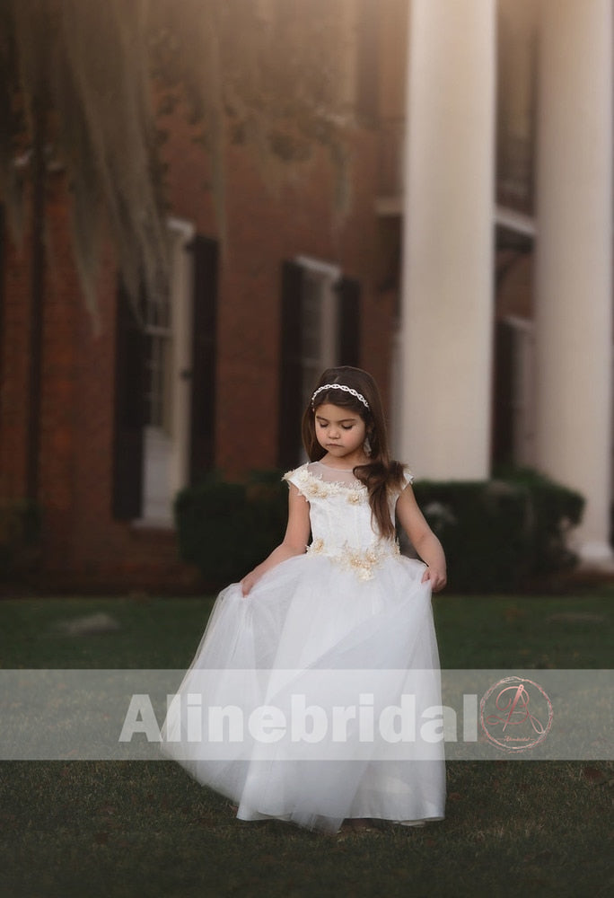 Off White Tulle Ivory Applique With Beads Cap Sleeve Long Flower Girl Dresses, FGS089
