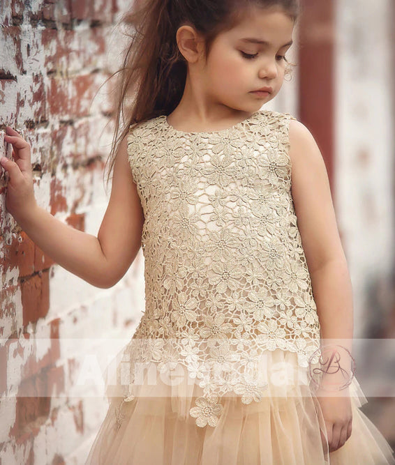 Pastel Yellow Floral Lace Tiered Flower Girl Dresses, FGS083