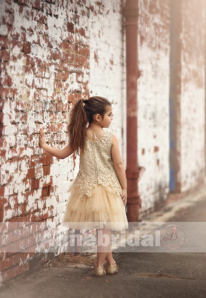 Pastel Yellow Floral Lace Tiered Flower Girl Dresses, FGS083