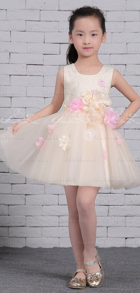 Pastel Yellow Tulle Handmade Flower Scoop Neck Cute Flower Girl Dresses, FGS132