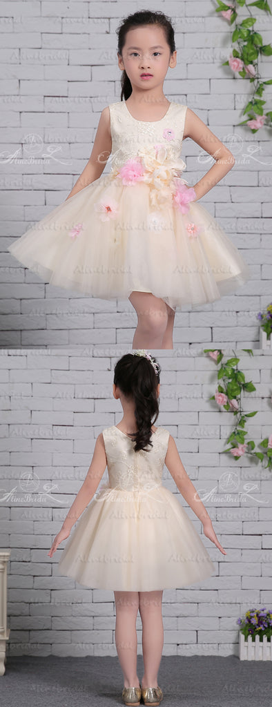 Pastel Yellow Tulle Handmade Flower Scoop Neck Cute Flower Girl Dresses, FGS132