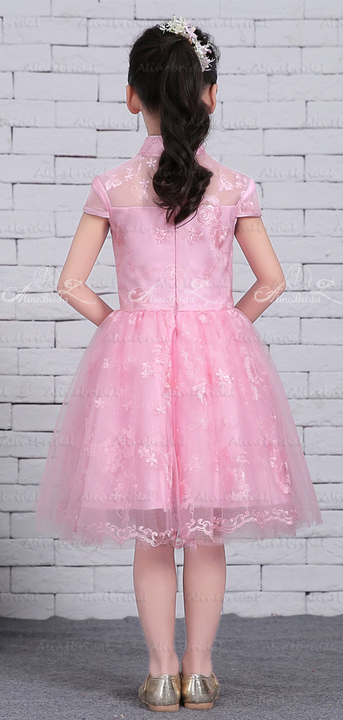 Pink Lace High Neck Cap Sleeve Flower Girl Dresses, FGS128