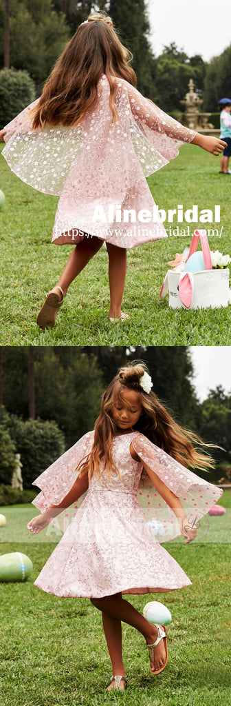 Pink Lace Round Neck With Unique Cape Flower Girl Dresses, FGS084