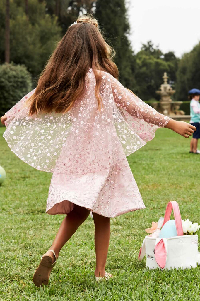 Pink Lace Round Neck With Unique Cape Flower Girl Dresses, FGS084