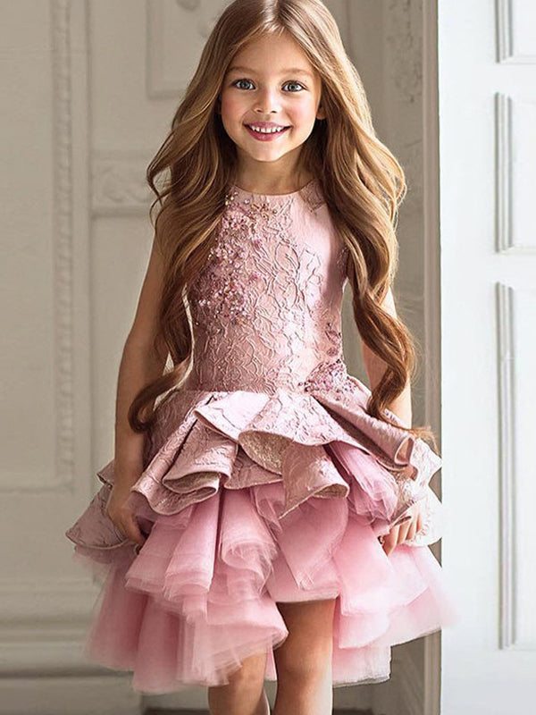 Pink Lace Tulle High Low Ruffles Cute Flower Girl Dresses , FGS051