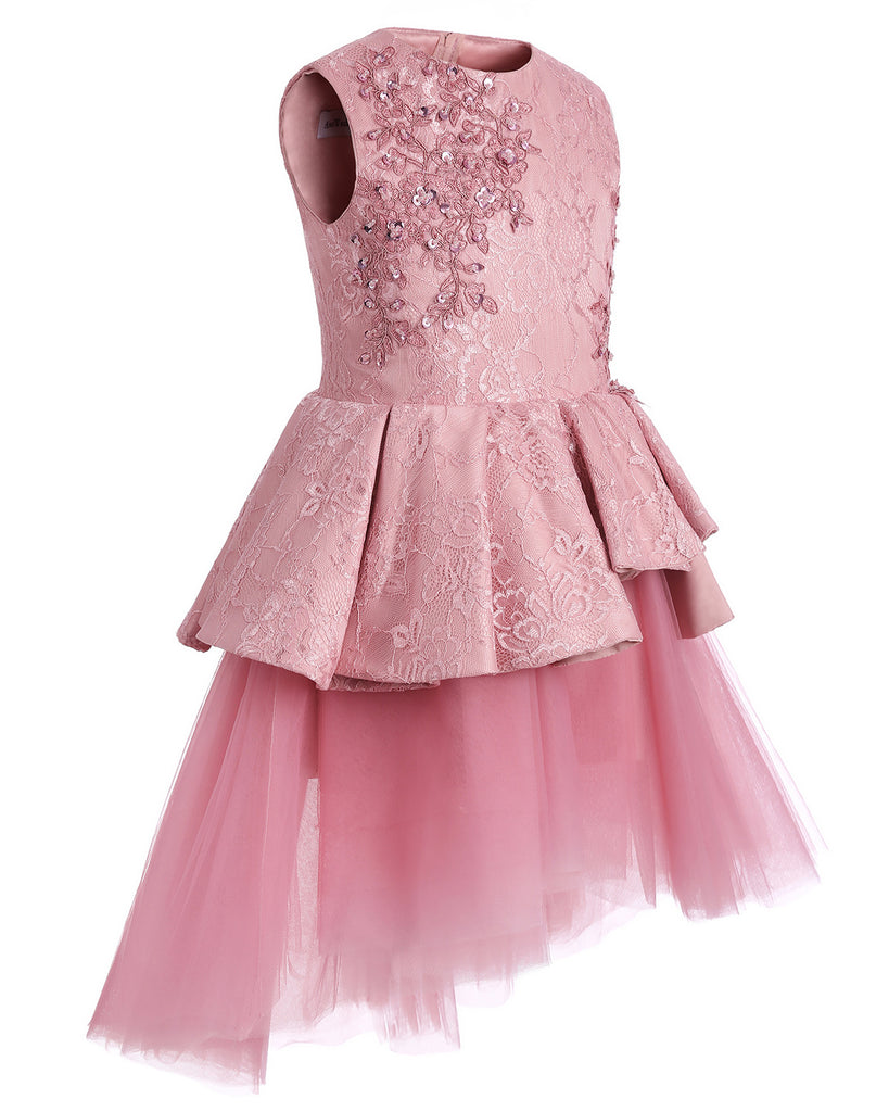 Pink Lace Tulle High Low Ruffles Cute Flower Girl Dresses , FGS051