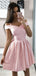 Pink Satin Off Shoulder Spaghetti Strap Homecoming Dresses,HD0068