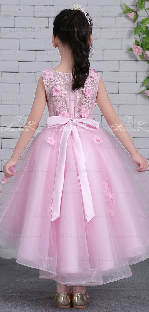 Pink Tulle Lace Applique High Low Gorgeous Flower Girl Dresses, FGS131