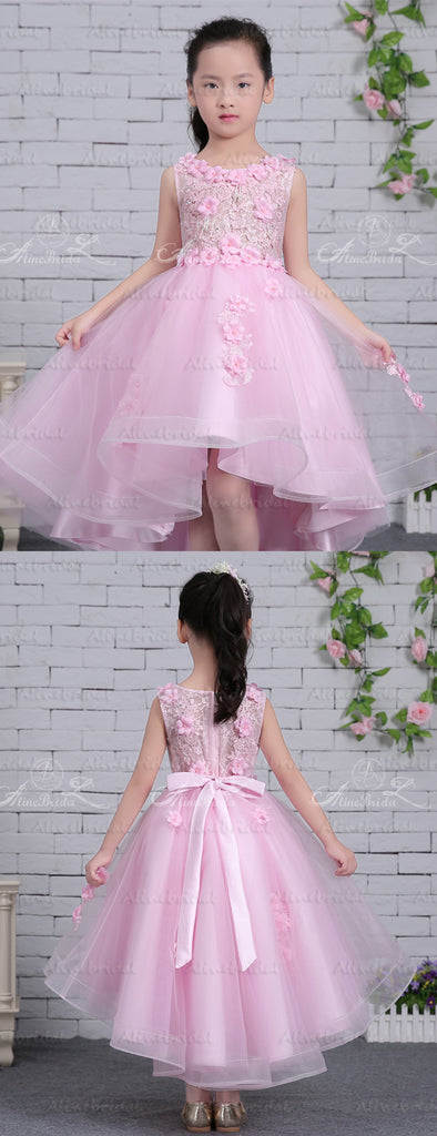 Pink Tulle Lace Applique High Low Gorgeous Flower Girl Dresses, FGS131