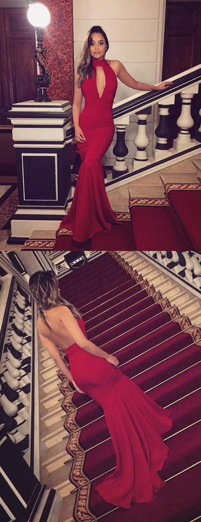 Red Jersey High Neck Halter Mermaid Backless Prom Dresses,PD00206