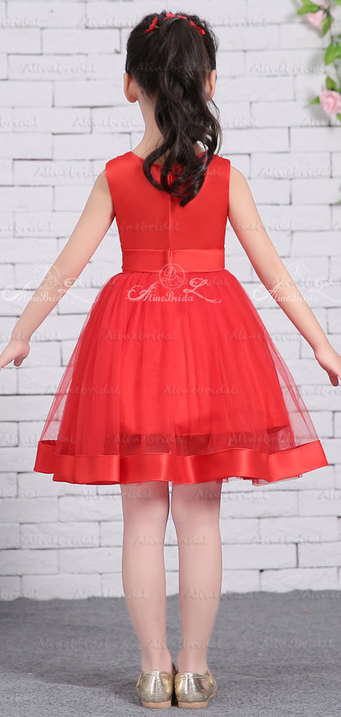 Red Satin Tulle Sparkly Neckline Cute Flower Girl Dresses, FGS135