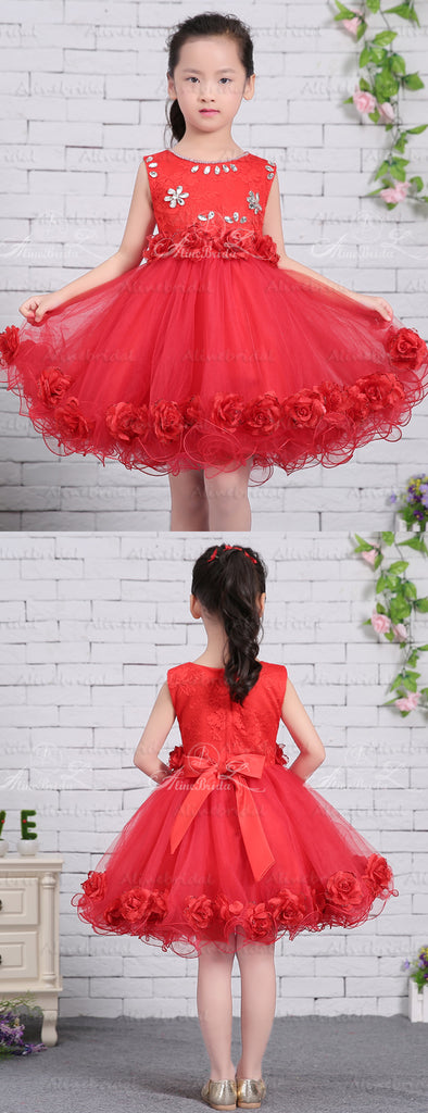 Red Tulle Rhinestone Applique Handmade Flower Girl Dresses, FGS136